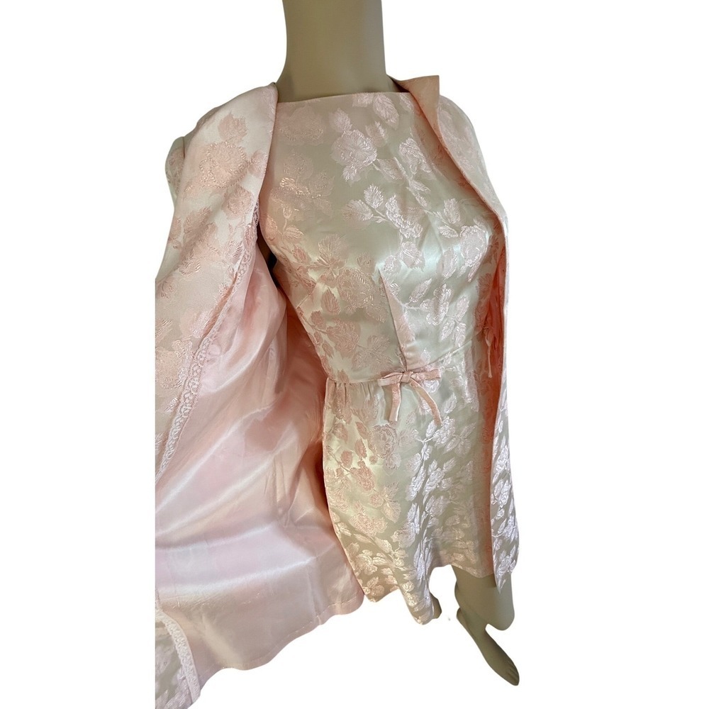 Vintage 60s Pink Damask Floral Dress and Jacket Set Home Sewn MCM Mod 2pc - Picture 7 of 16